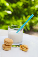 Breakfast with glass of milk and macarons