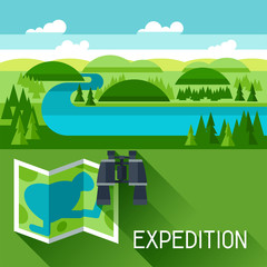 Fototapeta premium Background with illustration of river landscape and fields in