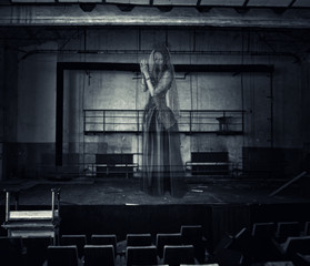 ghost of actress on stage of old theater - obrazy, fototapety, plakaty