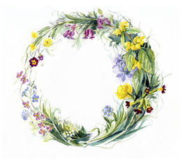 Circle frame from flowers. Spring time. Watercolor hand drawn illustration.