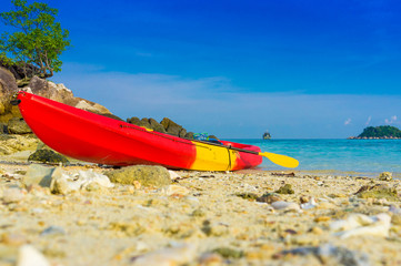 Red yellow kayaks on the tropical beach, Lipe island
