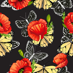 Seamless pattern of butterflies and poppies