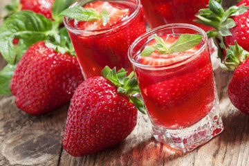 Fresh strawberry juice, selective focus