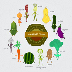 set of cartoon hand drawn vegetables characters. Organic farm poster