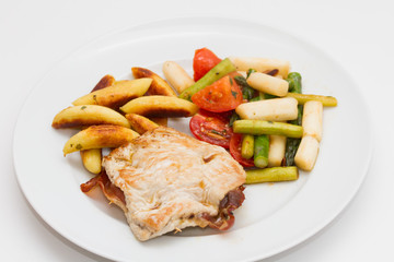 Gefüllte Putenschnitzel mit Parmaschinken, Spargel und Schupfnu