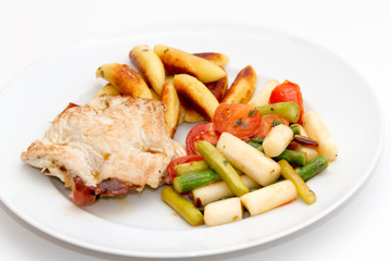 Gefüllte Putenschnitzel mit Parmaschinken, Spargel und Schupfnu