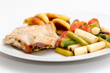 Gefüllte Putenschnitzel mit Parmaschinken, Spargel und Schupfnu