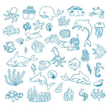 sea life cartoon doodle, vector illustration. 