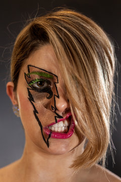 Girl's Face Lightning Makeup Covered By Hair Lip Snarl