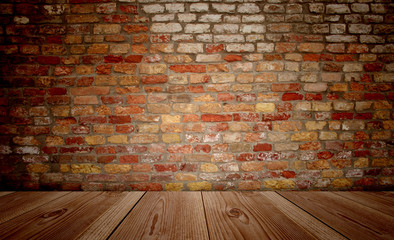Conceptual old vintage brick wall and wood floor