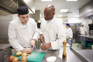 Teacher Helping Students Training To Work In Catering - obrazy, fototapety, plakaty