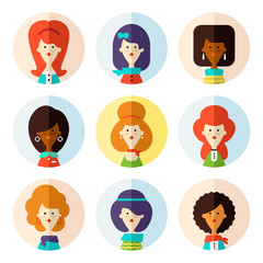 Set of flat female avatar icons for social media.