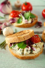 Tasty sandwiches on wooden table, close up