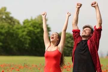 Euphoric couple raising arms in the country
