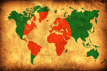 The flag of Bangladesh in the outline of the world map