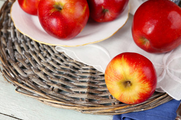 Tasty ripe apples on table close up