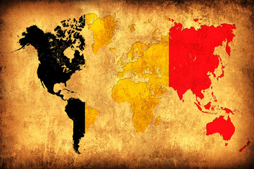 The flag of Belgium in the outline of the world map