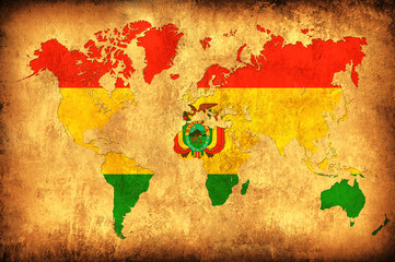 The flag of Bolivia in the outline of the world map