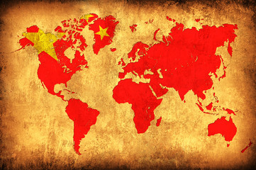 The flag of China in the outline of the world map