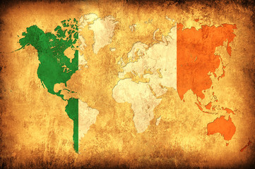 The flag of Ireland in the outline of the world map