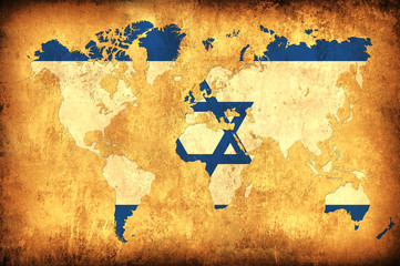 The flag of Israel in the outline of the world map