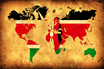 The flag of Kenya in the outline of the world map