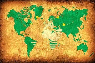 The flag of Macau in the outline of the world map
