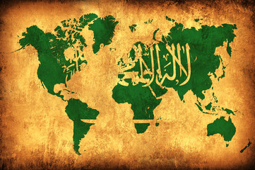 The flag of Saudi Arabia in the outline of the world map