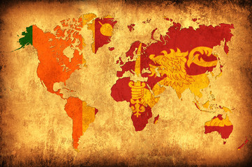 Fototapeta na wymiar The flag of Sri Lanka in the outline of the world map