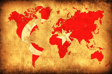 The flag of Turkey in the outline of the world map