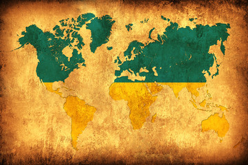The flag of Ukraine in the outline of the world map