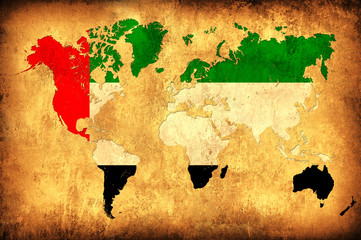 The flag of United Arab Emirates in the outline of the world map