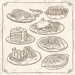 retro hand drawn style delicious dishes collection