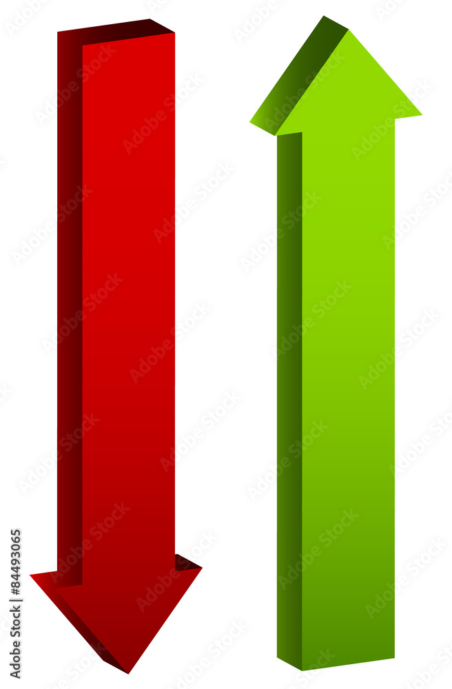 Poster Up and down arrows in green and red, editable vector.