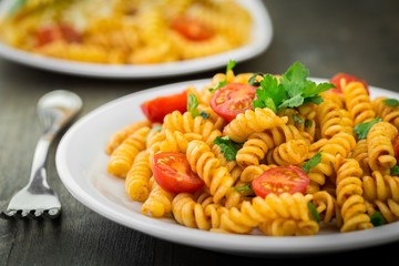 Pasta, tomato, closeup.