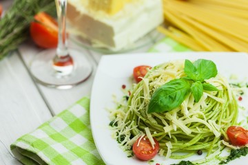 Italian pasta, tomato slice, italian cuisine.