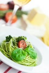 Italian pasta, tomato slice, italian cuisine.