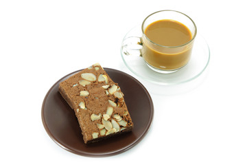 Chocolate cake with almonds and True Brazilian Arabica Coffee.
