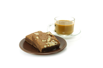 Chocolate cake with almonds and True Brazilian Arabica Coffee.