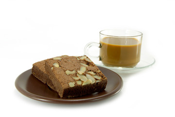 Chocolate cake with almonds and True Brazilian Arabica Coffee.