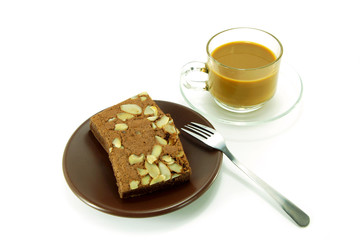 Chocolate cake with almonds and True Brazilian Arabica Coffee.