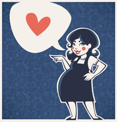 happy cartoon pregnant woman, pattern background and speech bubb