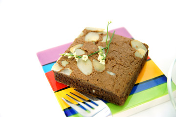 Chocolate cake with almonds.