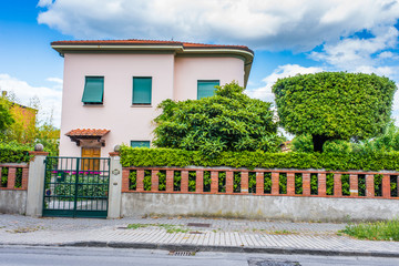 Villa Signorile Moderna, ingresso cancello palme, rosa
