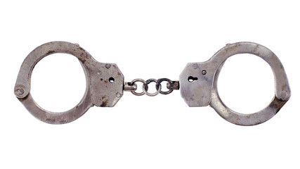 Old Soviet metal handcuffs. Gulag. Isolated on white