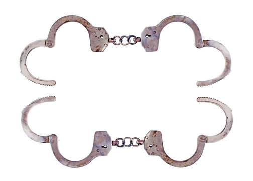 Frame of metal handcuffs. Isolated on white