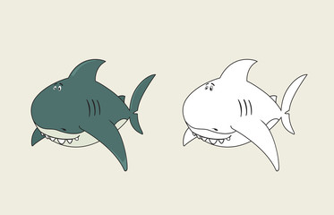 Friendly,funny looking cartoon shark.coloring book illustration