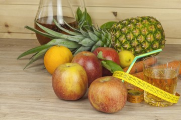 diet food, apple juice, vegetables and fruits
