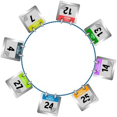 Coloured calendar pages hanging in circle