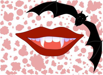 Vector Halloween background with smiling vampire lips, fangs